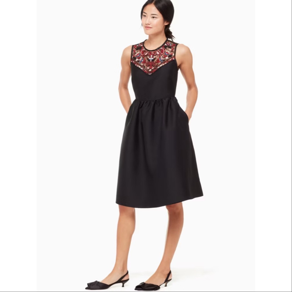 Kate Spade Embroidered Mikado Dress Size 2 Black Floral Cocktail Fit And Flare